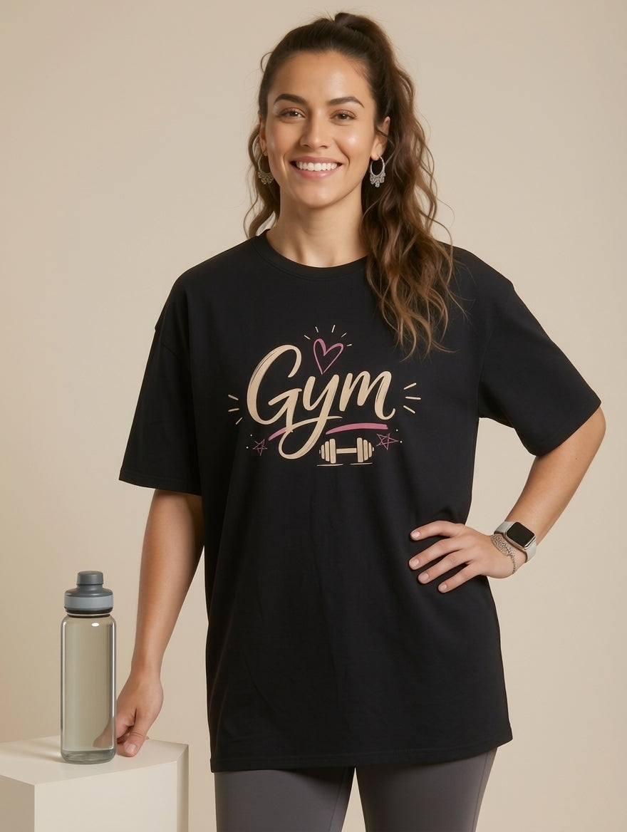Gym Love tee – side pose with water bottle