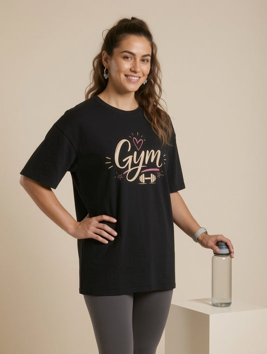 Gym Love tee – front pose with water bottle