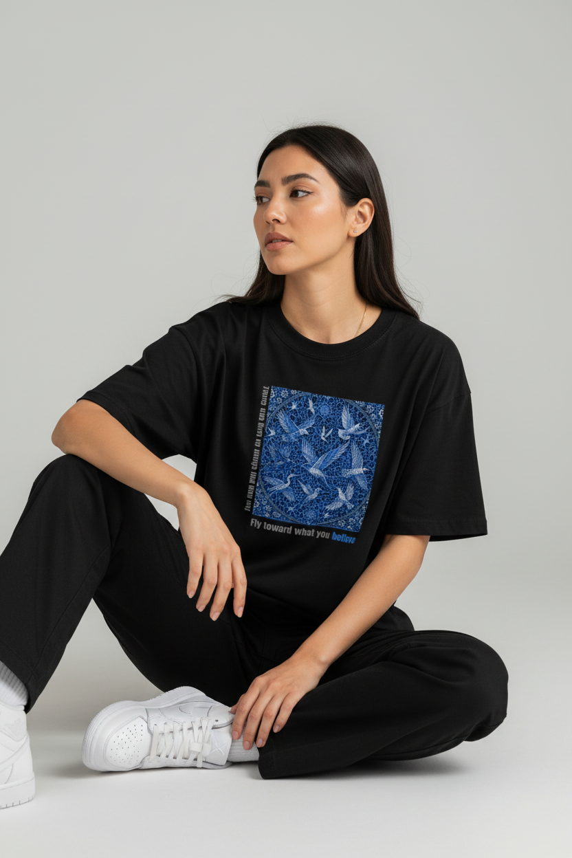 Fly Toward What You Believe black tee - floor pensive pose