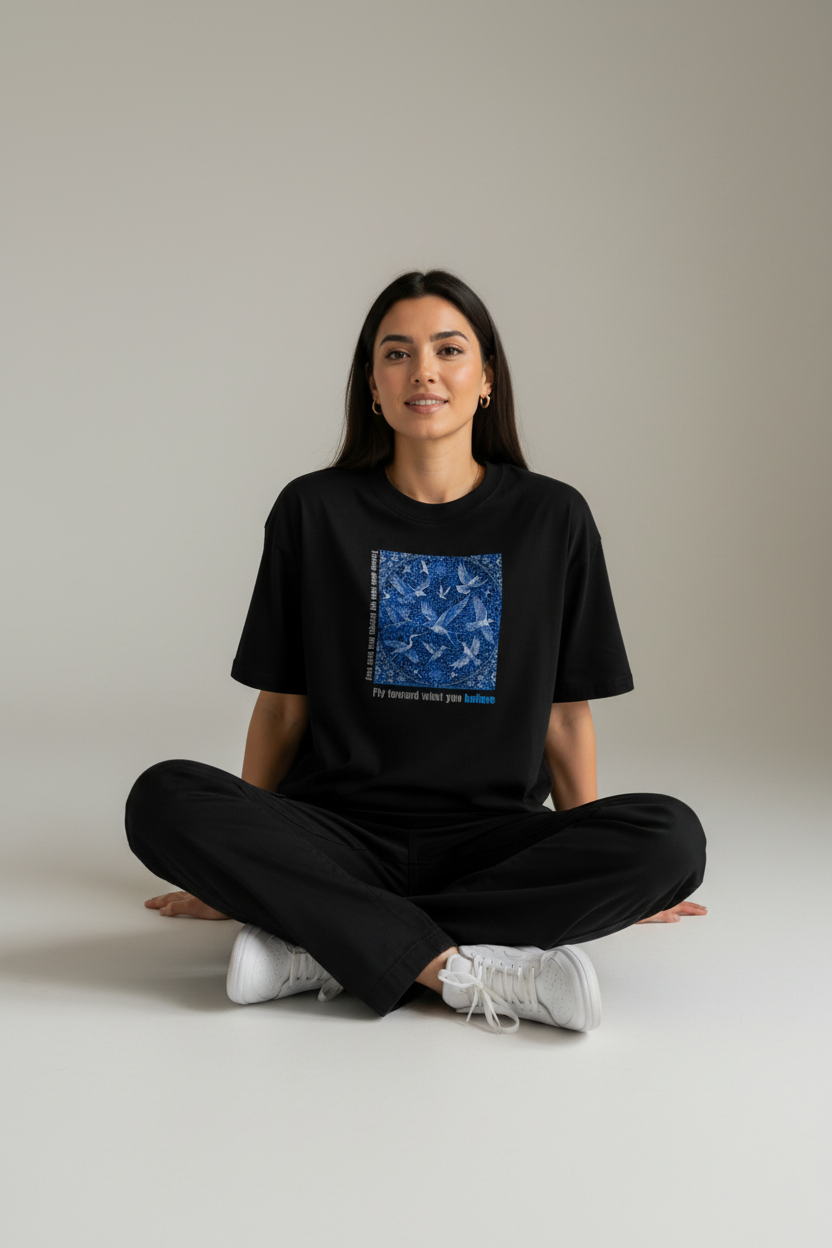 Fly Toward What You Believe black tee - floor stretched