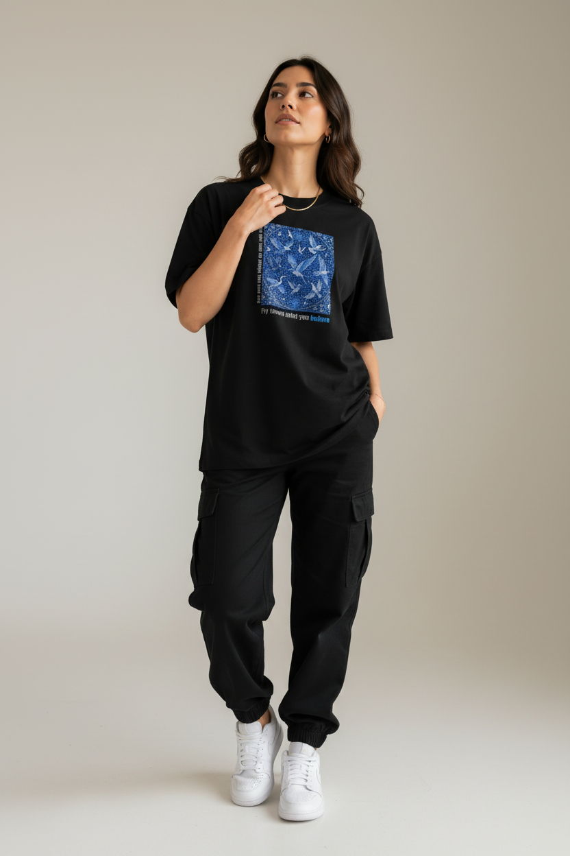 Fly Toward What You Believe black tee - looking up