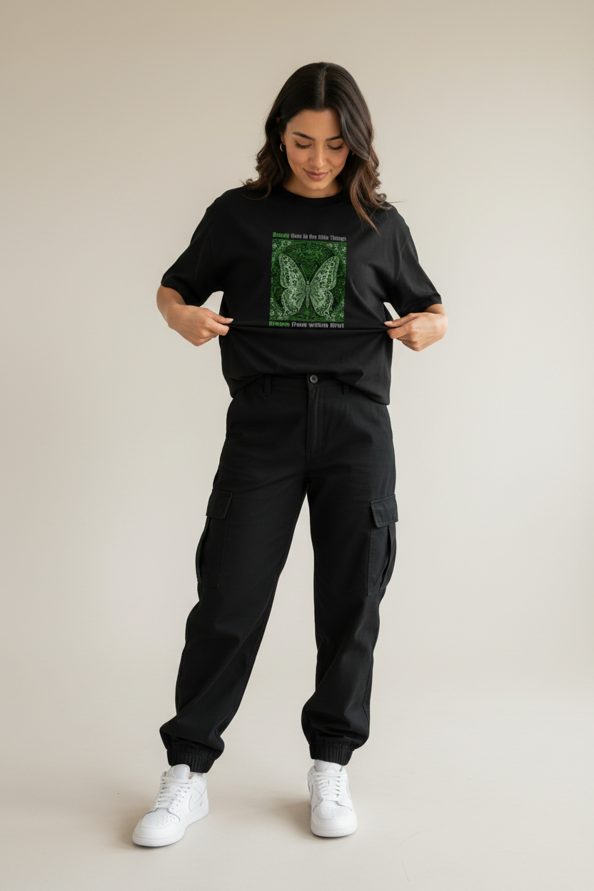 Bloom from within first black tee - holding hem