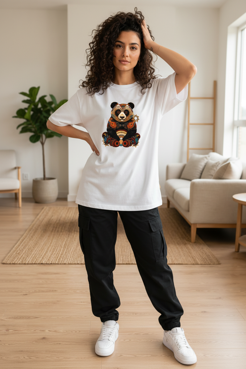 Hajar 1 - Mandala Panda Blanc - Debout main cheveux lifestyle