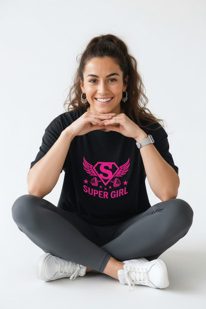 Super Girl Tee - Sitting cross-legged
