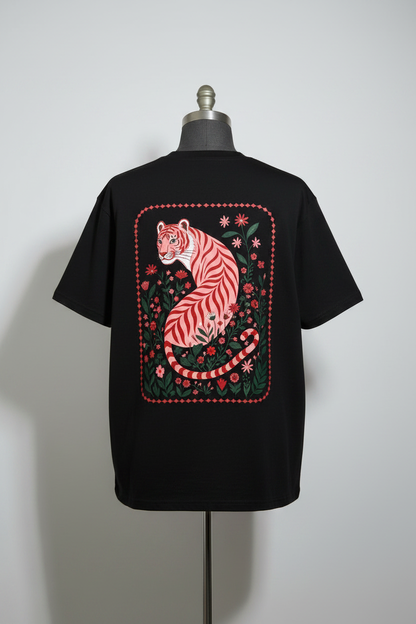 Floral Tiger Graphic Tee - Black Version Mockup
