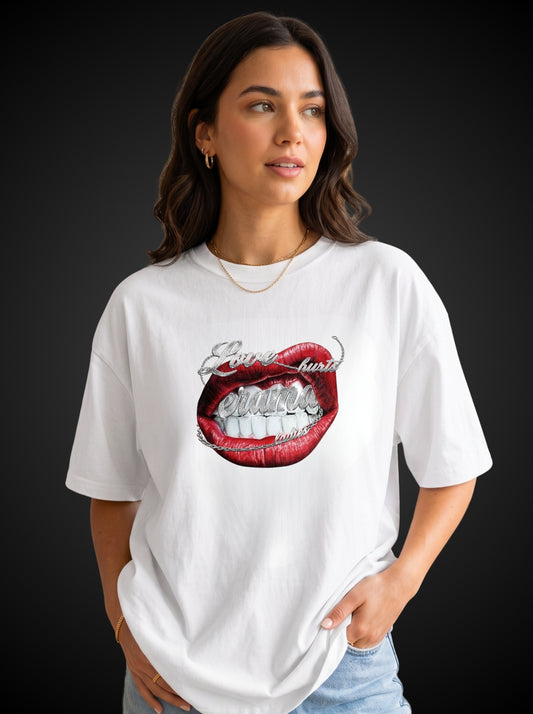 Love Hurts Tee - White front view with lips and grillz graphic