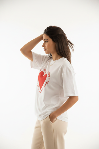 Love Languages Tee - White seated editorial