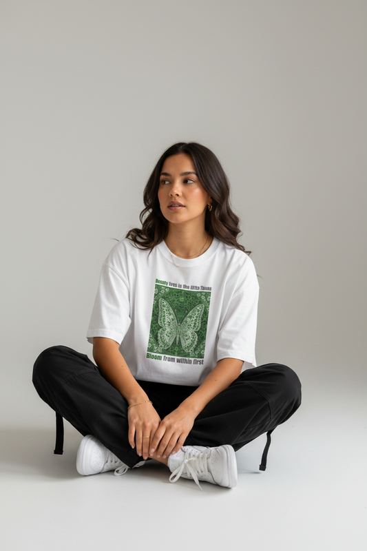 Bloom from within first white tee - sitting floor