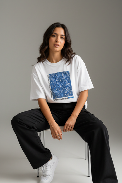 Fly Toward What You Believe white tee - sitting chair