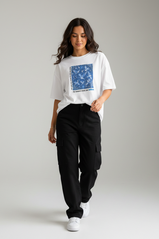 Fly Toward What You Believe white tee - walking